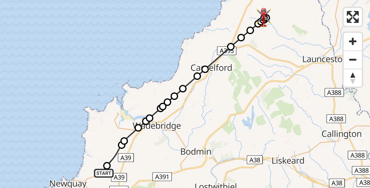 Flight route Air Ambulance Helicopter Cornwall Airport Newquay - Week St. Mary, 20 June 2026, 12:20