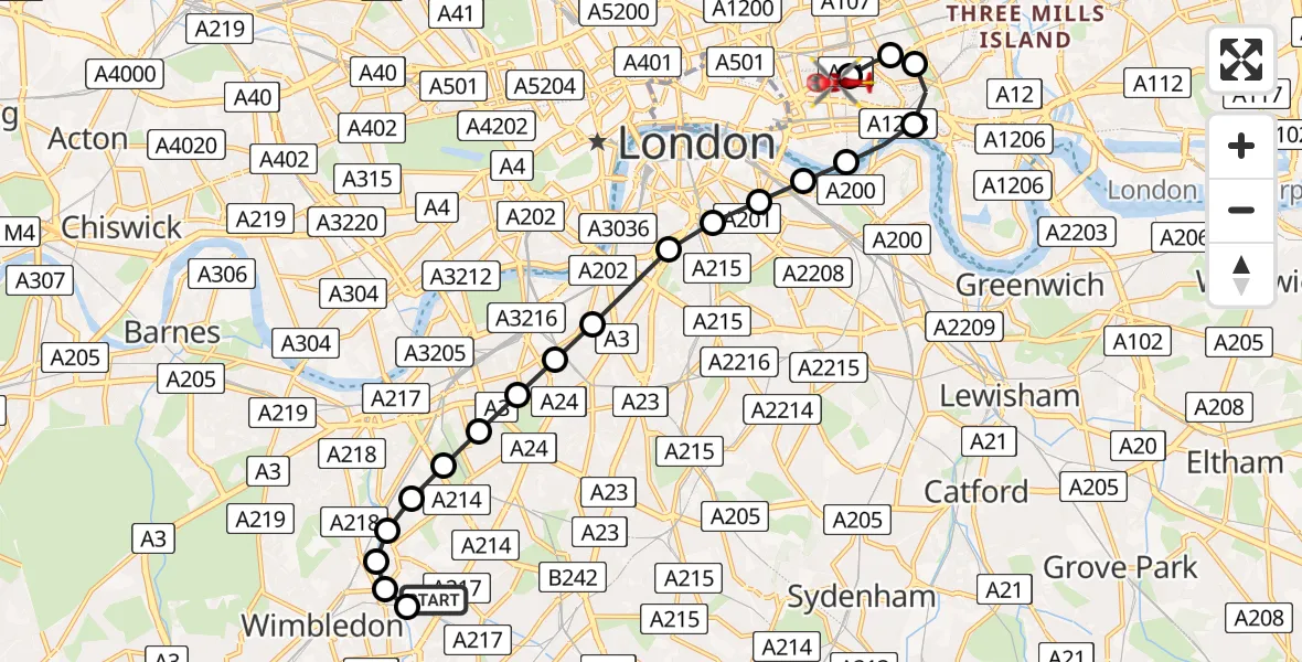 Flight route Air Ambulance Helicopter St Georges Hospital - Royal London Hospital, 20 June 2026, 12:23