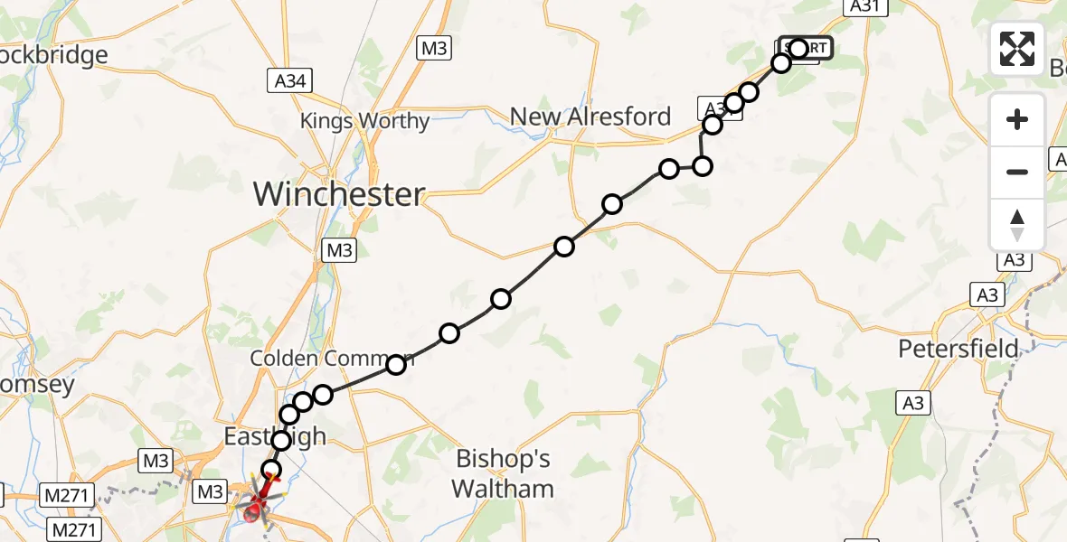 Flight route Air Ambulance Helicopter Four Marks - Southampton Airport, 20 June 2026, 12:43