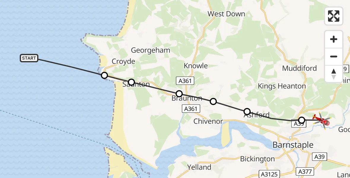 Flight route Air Ambulance Helicopter Bristol Channel - Barnstaple, 20 June 2026, 12:49