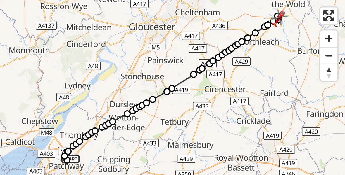Flight route Air Ambulance Helicopter Almondsbury Helicopter Base - Bourton-on-the-Water, 20 June 2026, 12:54