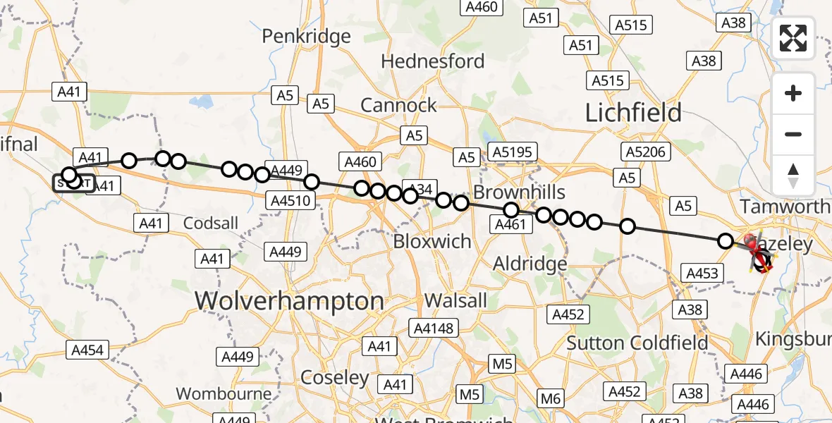 Flight route Air Ambulance Helicopter RAF Cosford - Mile Oak, 20 June 2026, 13:06