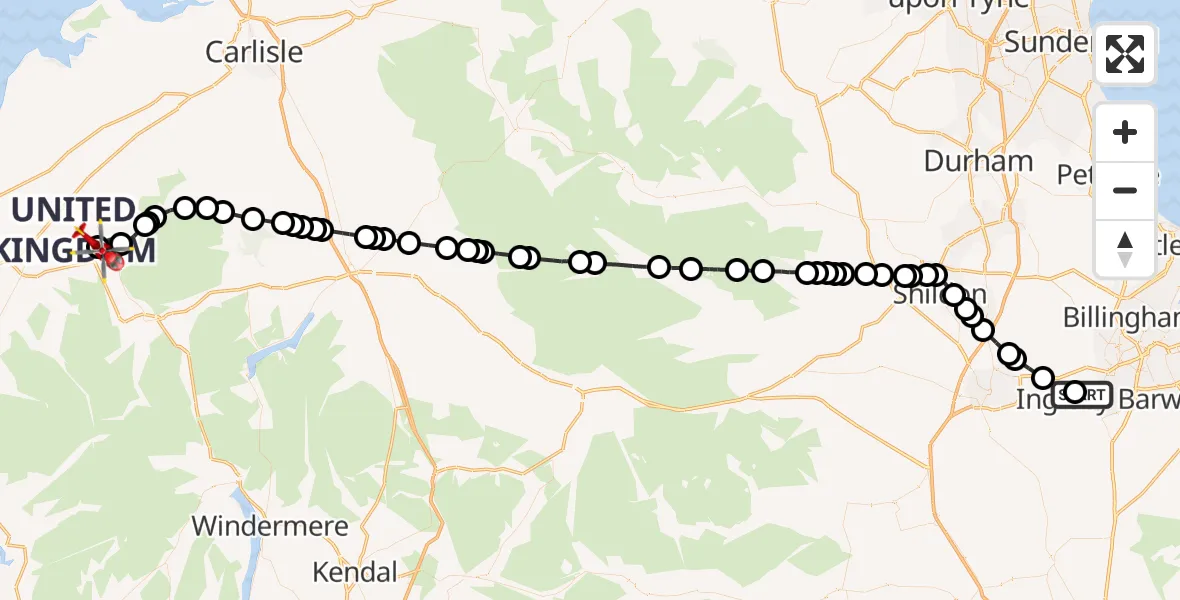 Flight route Air Ambulance Helicopter Egglescliffe - Blindcrake, 20 June 2026, 13:07