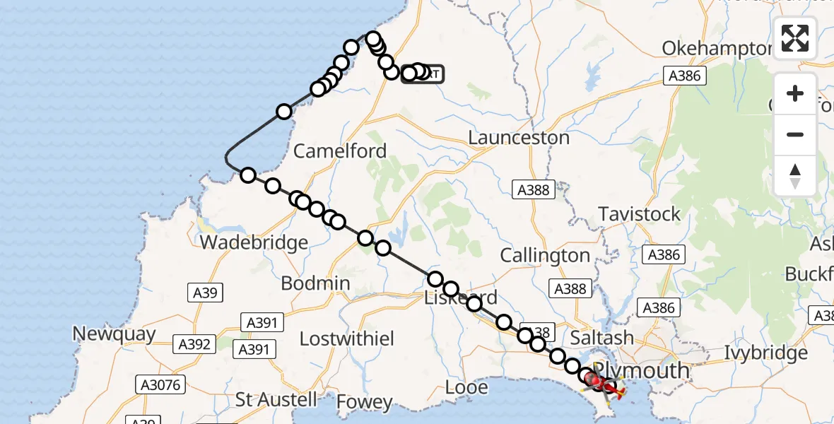 Flight route Air Ambulance Helicopter Canworthy Water - Torpoint, 20 June 2026, 13:23