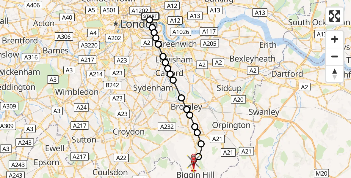 Flight route Air Ambulance Helicopter Royal London Hospital - London Biggin Hill Airport, 20 June 2026, 13:26