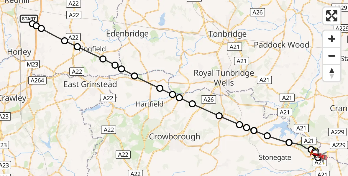 Flight route Air Ambulance Helicopter Redhill Aerodrome - Rother, 20 June 2026, 13:29