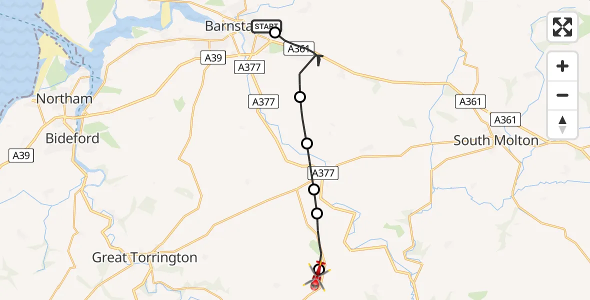 Flight route Air Ambulance Helicopter Barnstaple - North Devon, 20 June 2026, 13:33