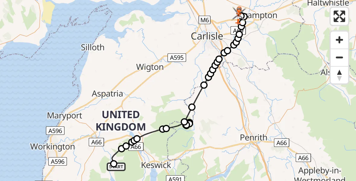 Flight route Coastguard Helicopter Buttermere - Carlisle Lake District Airport, 20 June 2026, 13:42