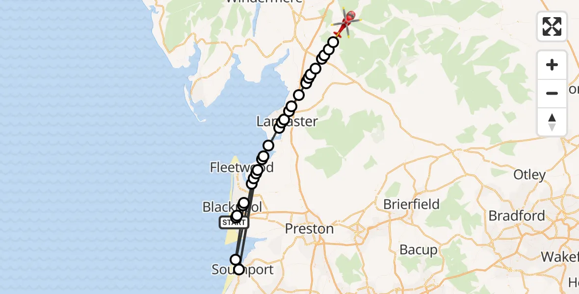 Flight route Air Ambulance Helicopter Blackpool Airport - Sedbergh, 20 June 2026, 13:44