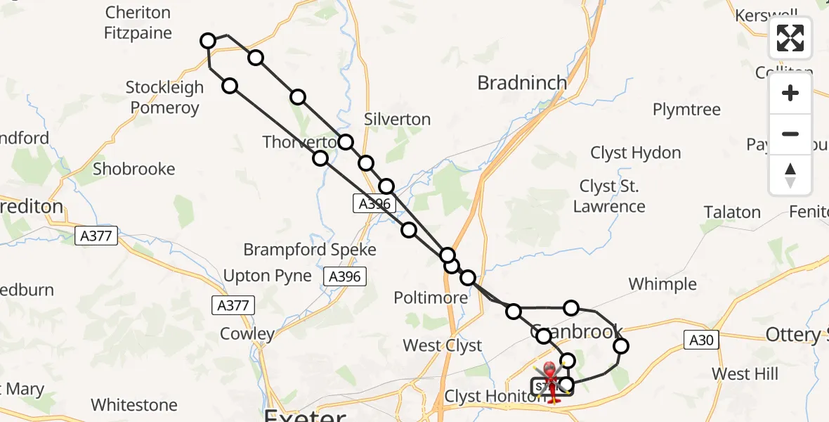 Flight route Air Ambulance Helicopter Exeter International Airport - Exeter International Airport, 20 June 2026, 13:52