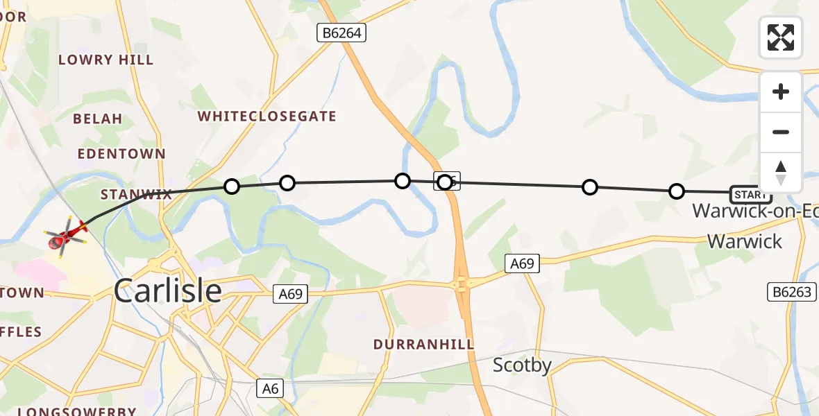 Flight route Air Ambulance Helicopter Warwick-on-Eden - Carlisle, 20 June 2026, 14:03