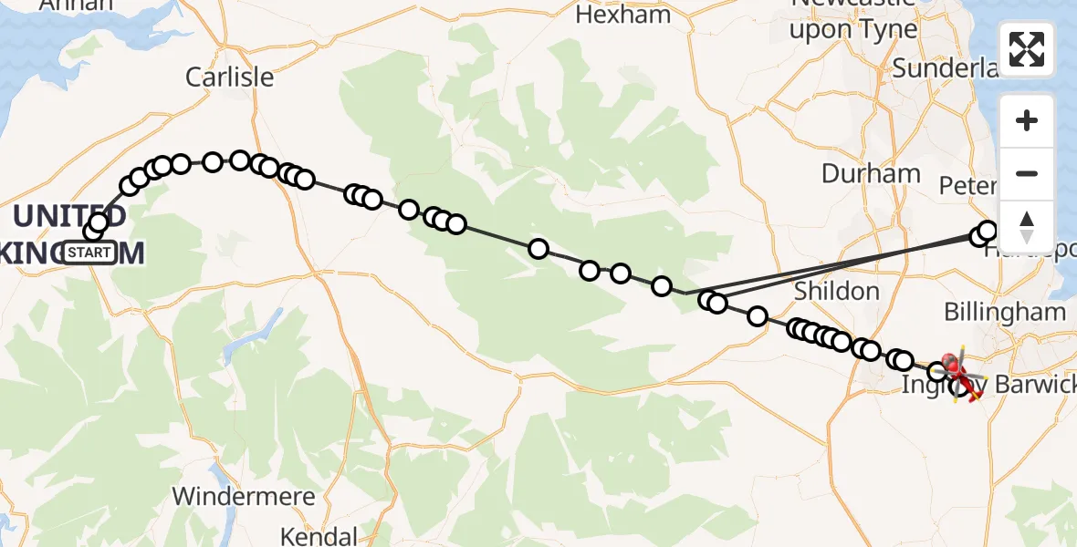 Flight route Air Ambulance Helicopter Blindcrake - Egglescliffe, 20 June 2026, 14:08
