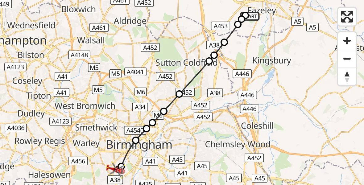 Flight route Air Ambulance Helicopter Tamworth - Metchley, 20 June 2026, 14:11