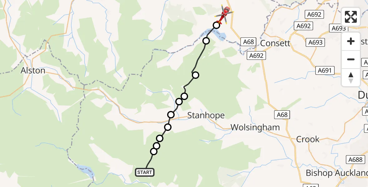 Flight route Air Ambulance Helicopter Newbiggin - Barley Hill, 20 June 2026, 14:13