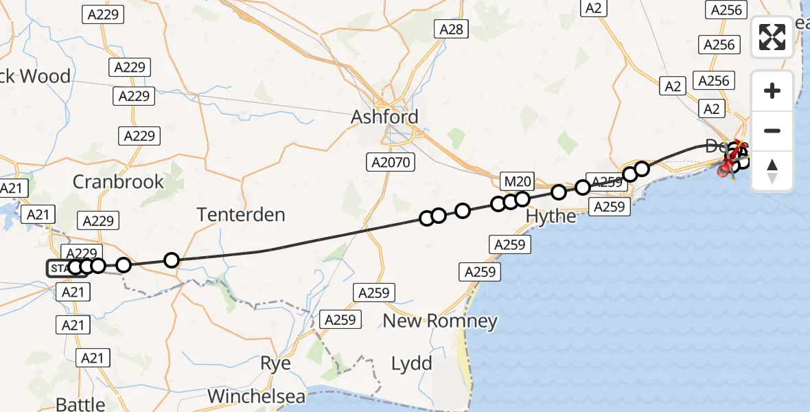 Flight route Air Ambulance Helicopter Hurst Green - Dover, 20 June 2026, 14:20