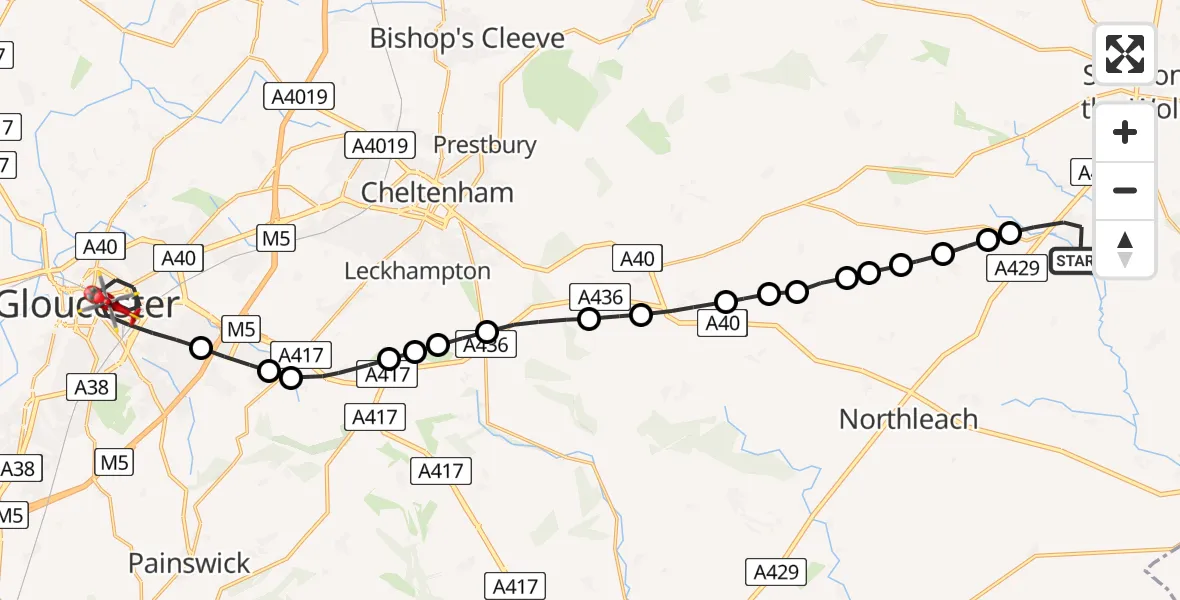 Flight route Air Ambulance Helicopter Bourton-on-the-Water - Gloucester, 20 June 2026, 14:24