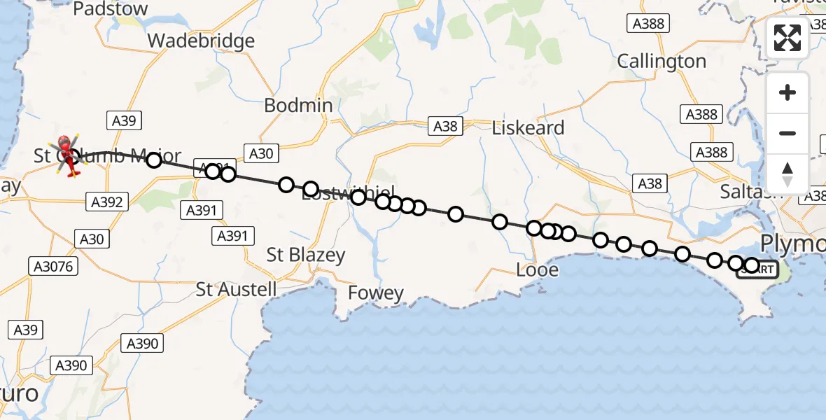 Flight route Air Ambulance Helicopter Torpoint - Cornwall Airport Newquay, 20 June 2026, 14:29