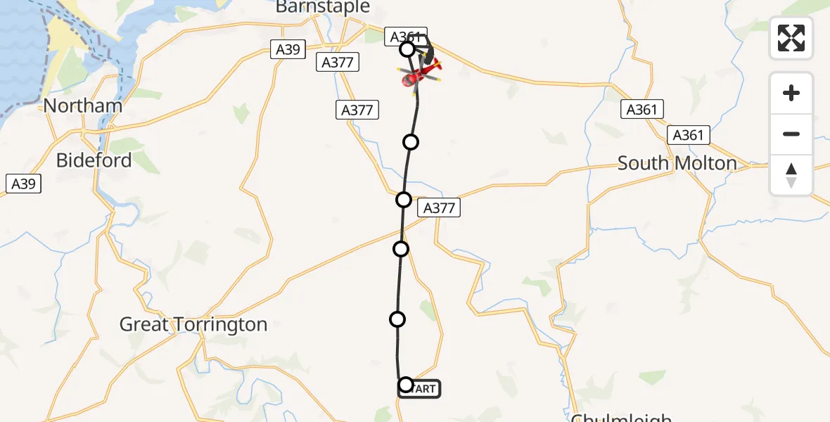 Flight route Air Ambulance Helicopter Eaglescott Airfield - Landkey, 20 June 2026, 14:32