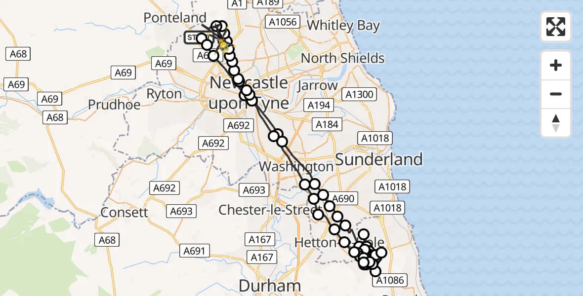 Flight route Police Helicopter Newcastle International Airport - Newcastle upon Tyne, 20 June 2026, 15:00