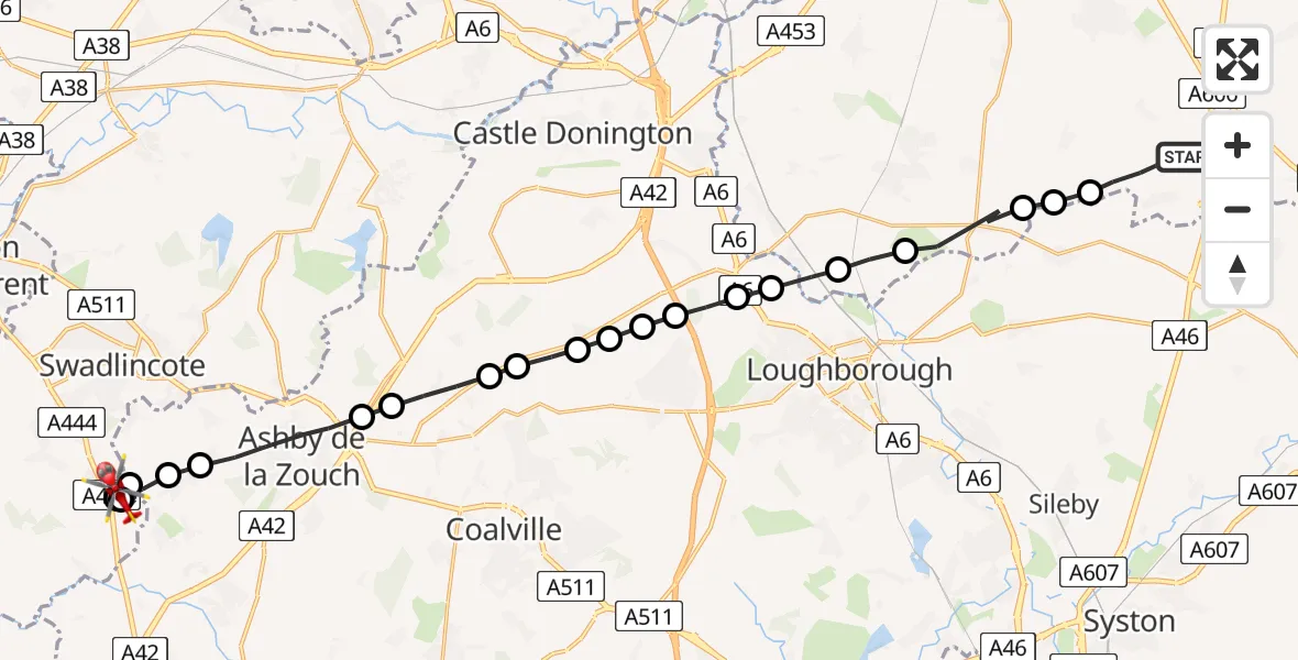 Flight route Air Ambulance Helicopter Willoughby on the Wolds - Overseal, 20 June 2026, 15:02