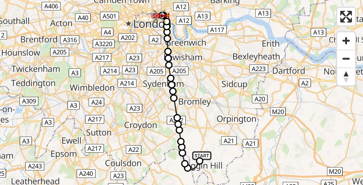Flight route Air Ambulance Helicopter London Biggin Hill Airport - Royal London Hospital, 20 June 2026, 15:04
