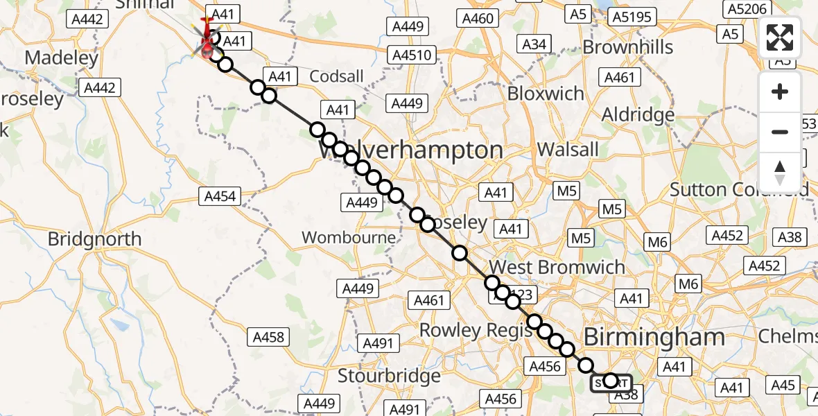 Flight route Air Ambulance Helicopter Queen Elizabeth Hospital Helipad - Cosford, 20 June 2026, 15:12