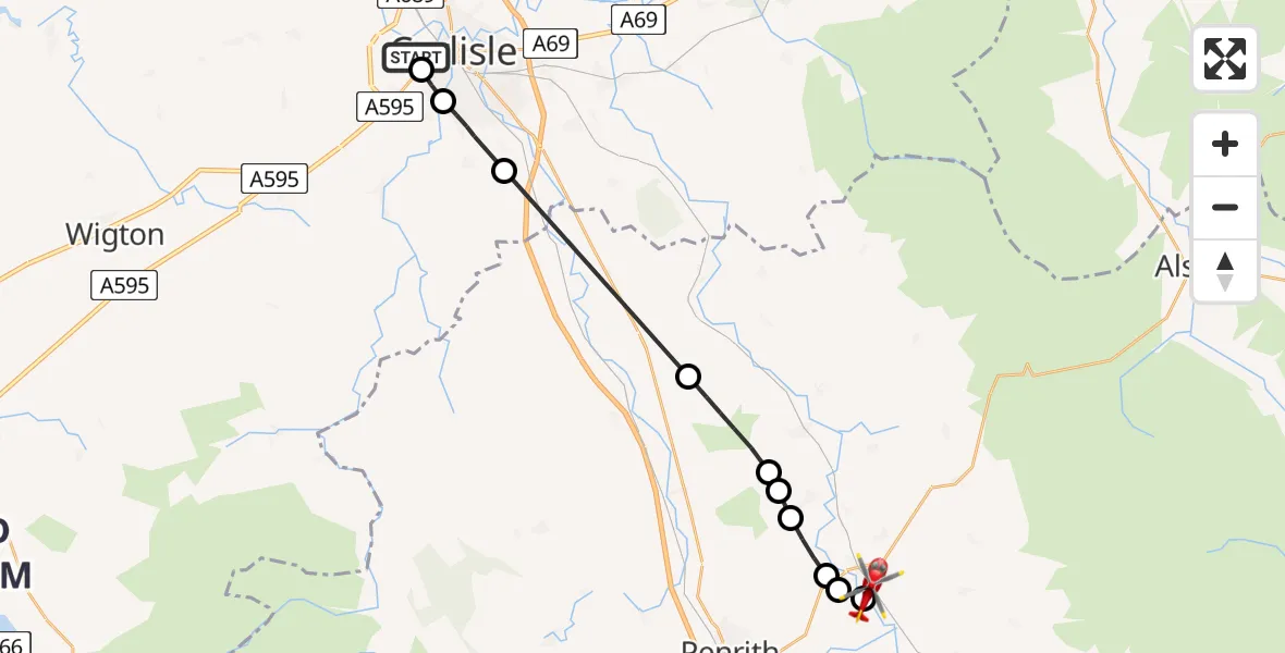 Flight route Air Ambulance Helicopter Carlisle General - Langwathby, 20 June 2026, 15:13