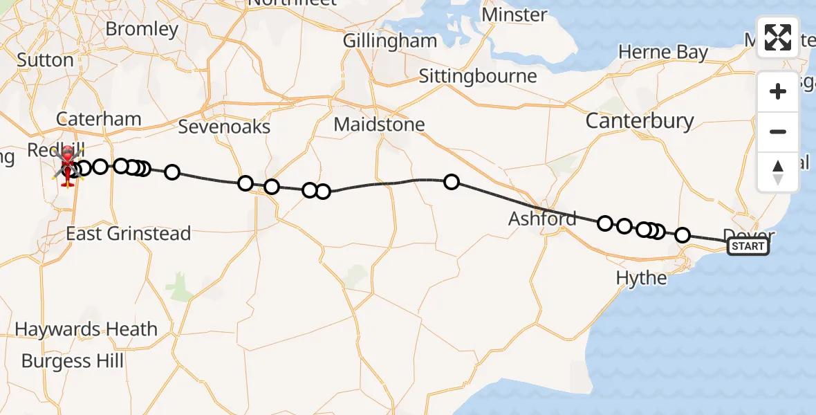 Flight route Air Ambulance Helicopter Dover - Redhill Aerodrome, 20 June 2026, 15:17