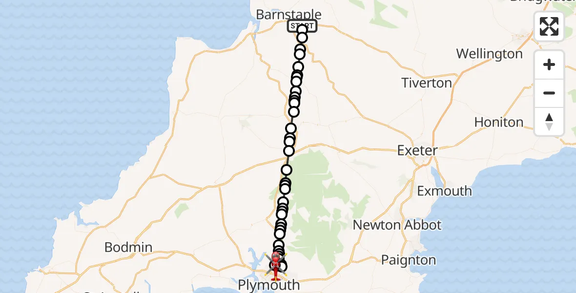 Flight route Air Ambulance Helicopter Landkey - Derriford Hospital, 20 June 2026, 15:17