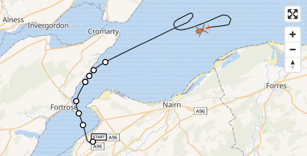 Flight route Coastguard Helicopter Inverness Airport - North Sea, 20 June 2026, 15:22