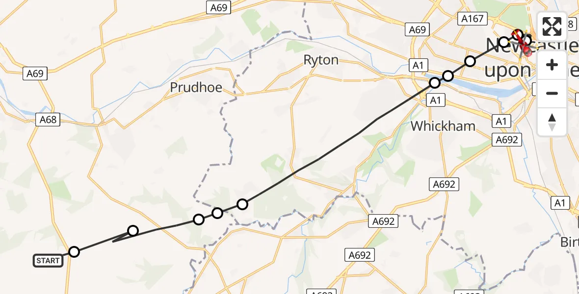Flight route Air Ambulance Helicopter Kiln Pit Hill - Newcastle Royal Victoria Infirmary, 20 June 2026, 15:23