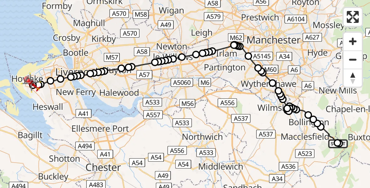 Flight route Air Ambulance Helicopter Macclesfield Forest and Wildboarclough - Hoylake, 20 June 2026, 15:35