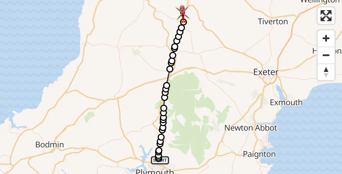 Flight route Air Ambulance Helicopter Derriford Hospital - North Devon, 20 June 2026, 16:03