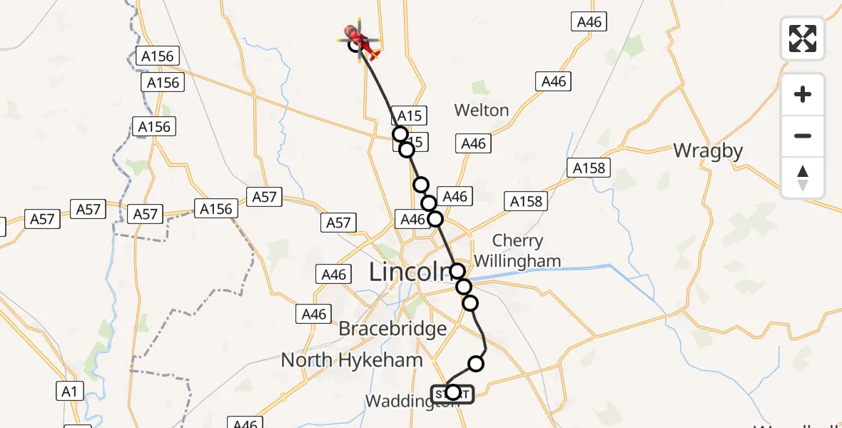 Flight route Air Ambulance Helicopter RAF Waddington - Ingham CP, 20 June 2026, 16:09