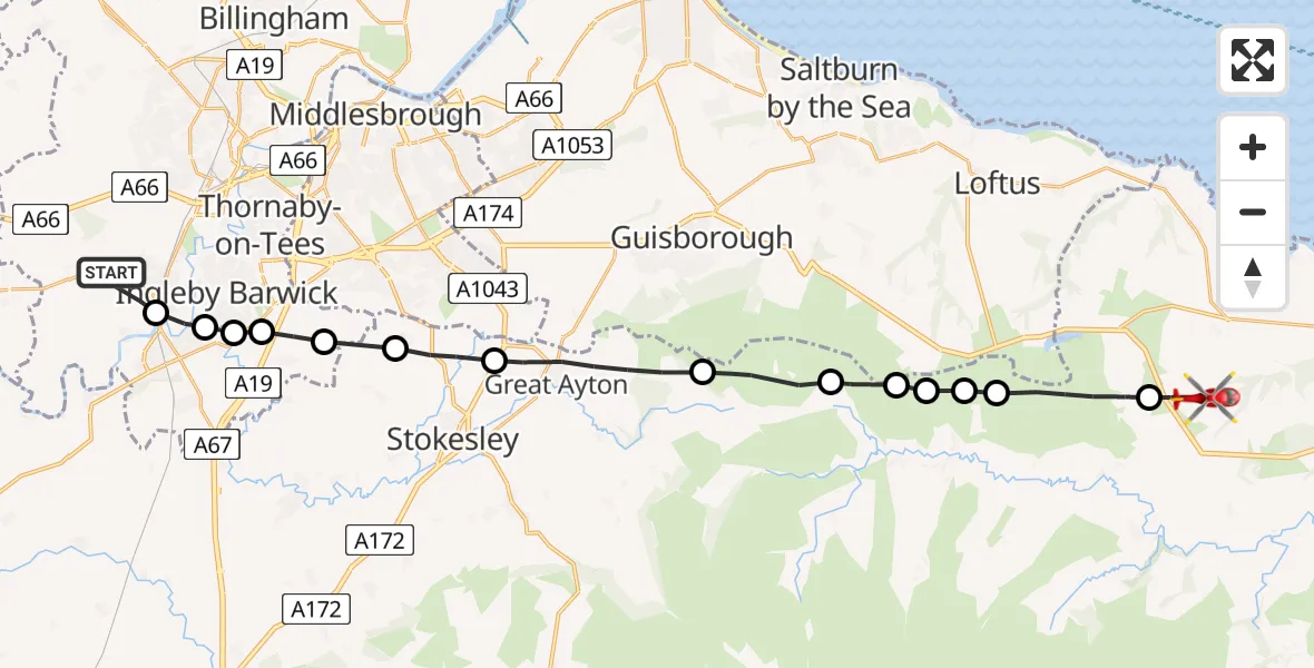 Flight route Air Ambulance Helicopter Egglescliffe - Ugthorpe, 20 June 2026, 16:15