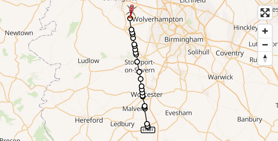 Flight route Air Ambulance Helicopter Bushley - Ryton, 20 June 2026, 16:17