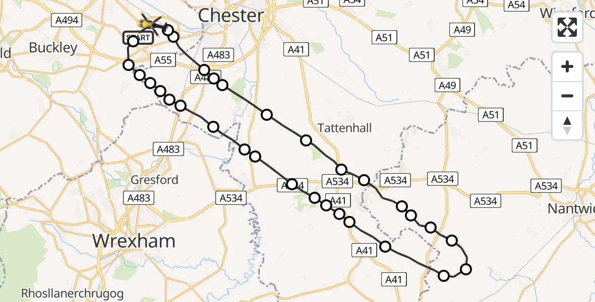Flight route Police Helicopter Hawarden Airport - Hawarden Airport, 20 June 2026, 16:21
