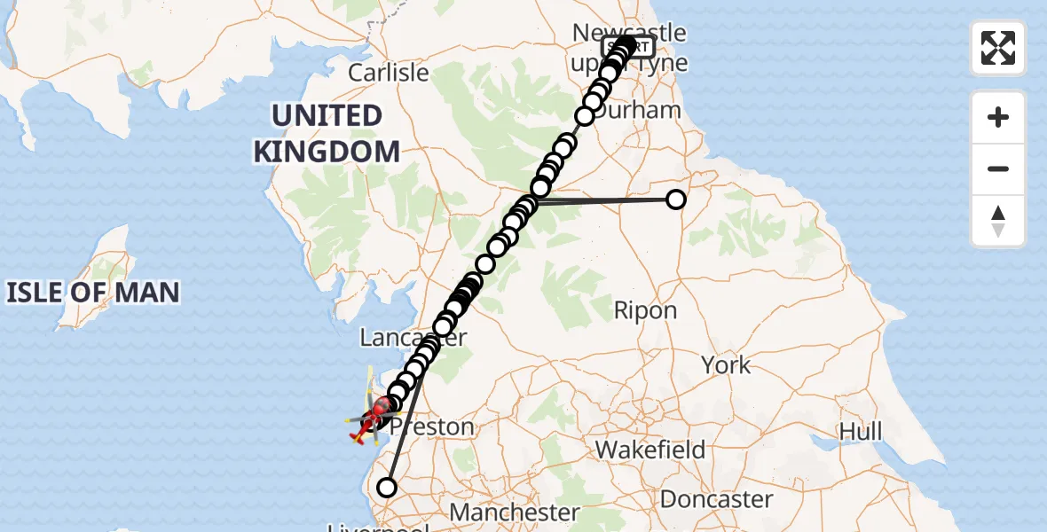Flight route Air Ambulance Helicopter Newcastle Royal Victoria Infirmary - Blackpool Airport, 20 June 2026, 16:28