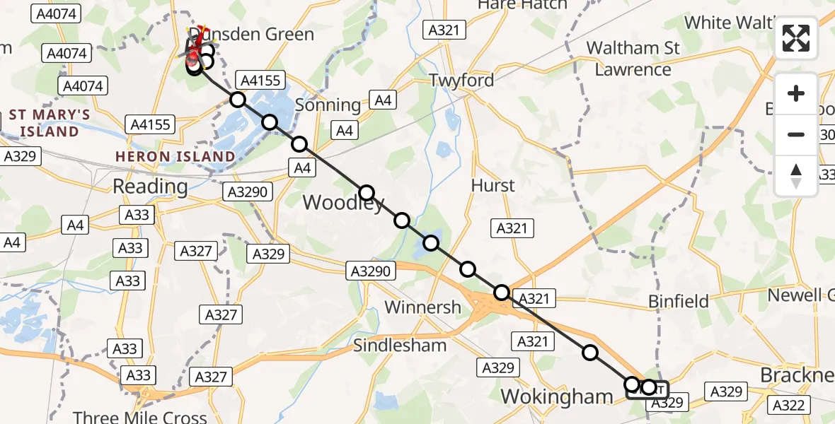 Flight route Air Ambulance Helicopter Wokingham - Reading, 20 June 2026, 16:32
