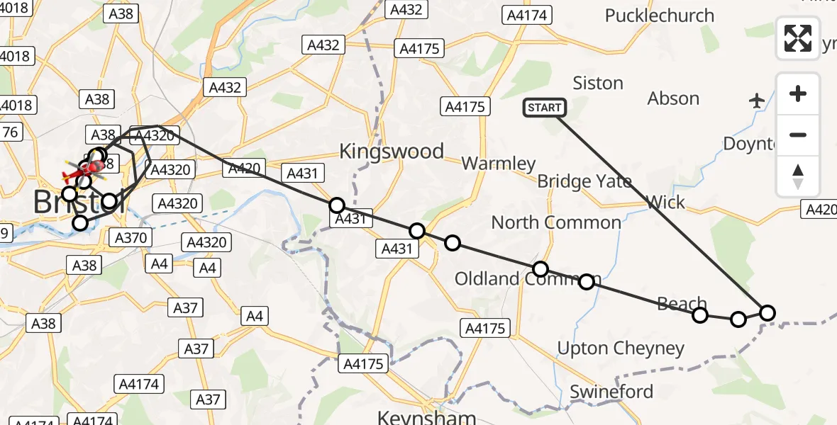 Flight route Air Ambulance Helicopter Webbs Heath - Bristol Royal Infirmary, 20 June 2026, 16:53