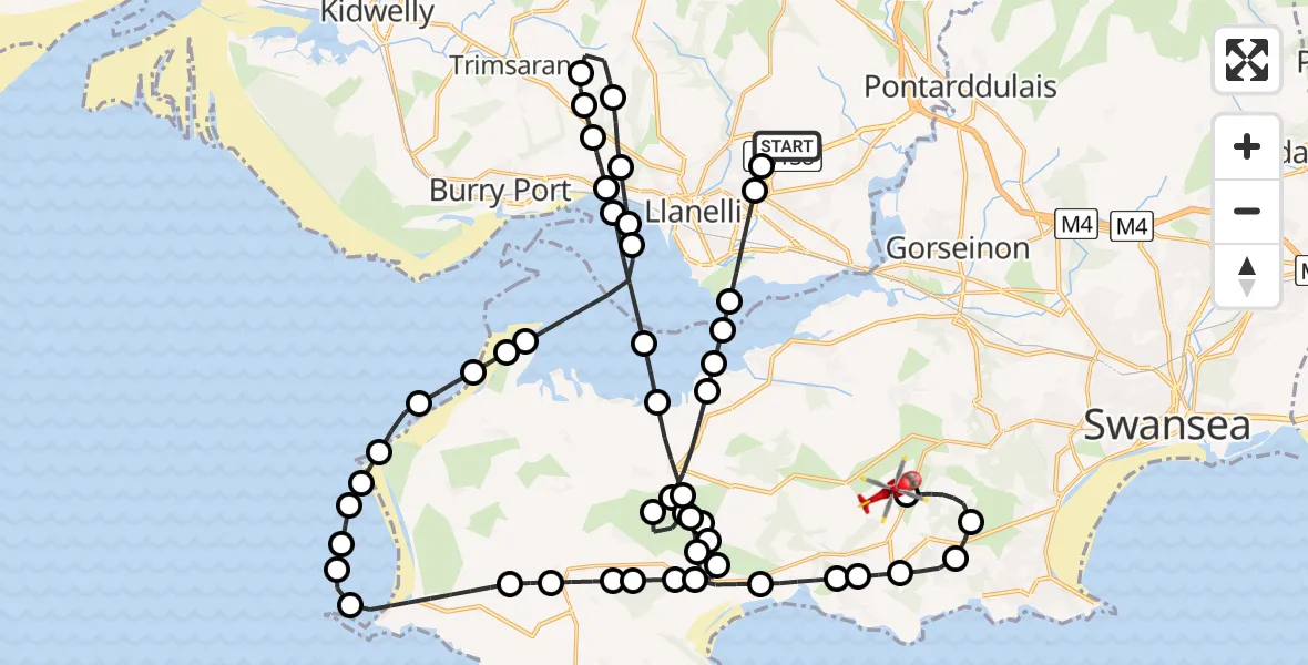Flight route Air Ambulance Helicopter Dafen - Swansea Airport, 20 June 2026, 16:54
