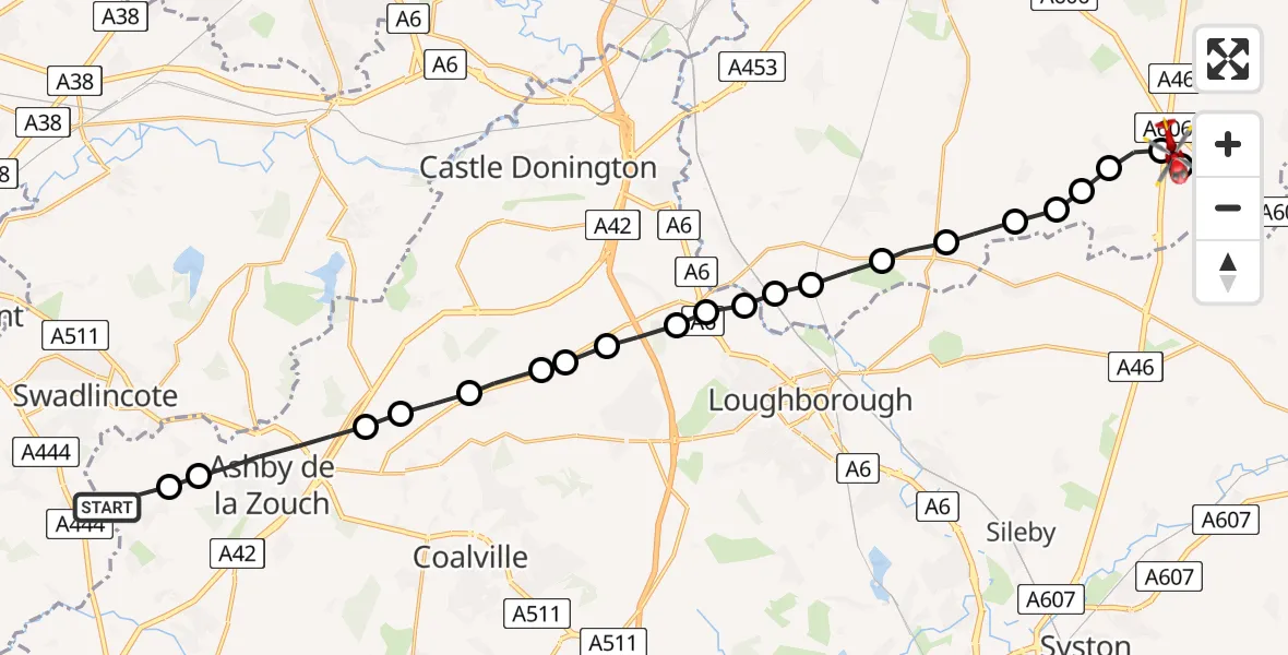 Flight route Air Ambulance Helicopter Moira - Rushcliffe, 20 June 2026, 16:57