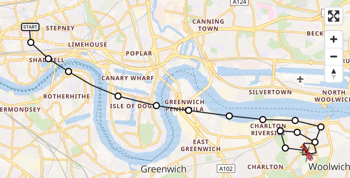 Flight route Air Ambulance Helicopter Royal London Hospital - Charlton, 20 June 2026, 16:59