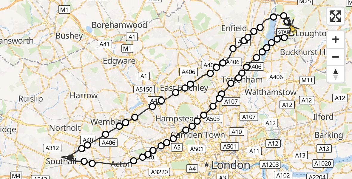 Flight route Police Helicopter Chingford - Sewardstonebury, 20 June 2026, 17:02