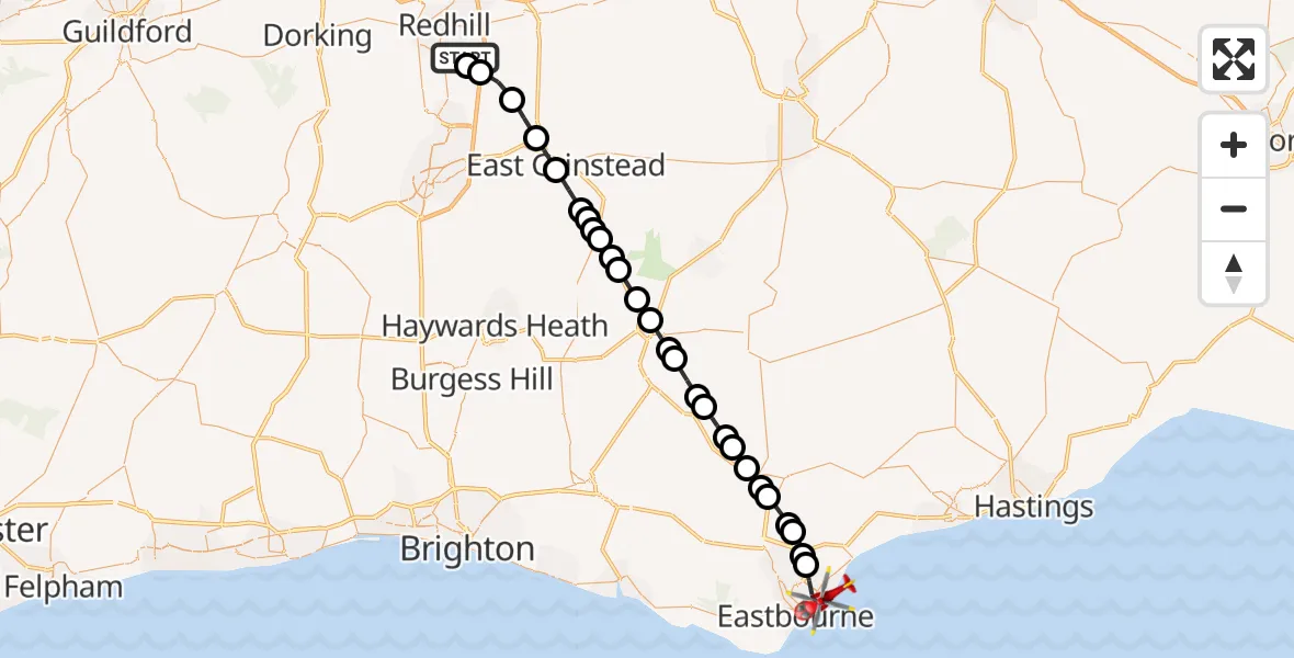Flight route Air Ambulance Helicopter Redhill Aerodrome - Eastbourne, 20 June 2026, 17:05