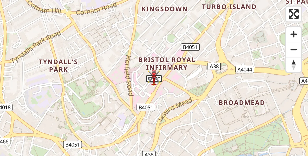 Flight route Air Ambulance Helicopter Bristol Royal Infirmary - Bristol Royal Infirmary, 20 June 2026, 17:08
