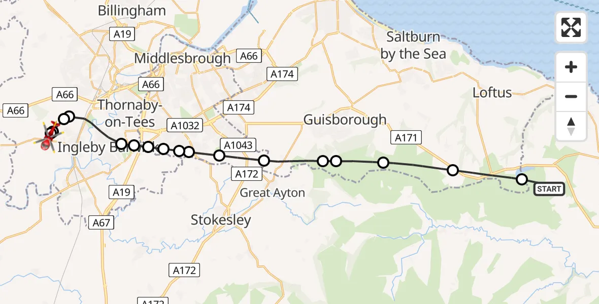 Flight route Air Ambulance Helicopter Roxby - Egglescliffe, 20 June 2026, 17:16