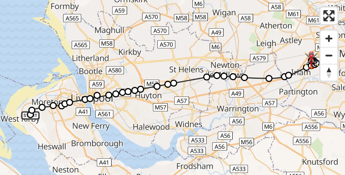 Flight route Air Ambulance Helicopter Hoylake - Irlam, 20 June 2026, 17:23