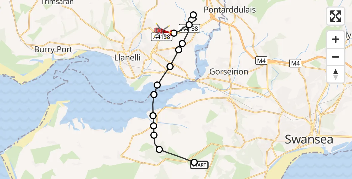 Flight route Air Ambulance Helicopter Swansea Airport - Dafen, 20 June 2026, 17:28