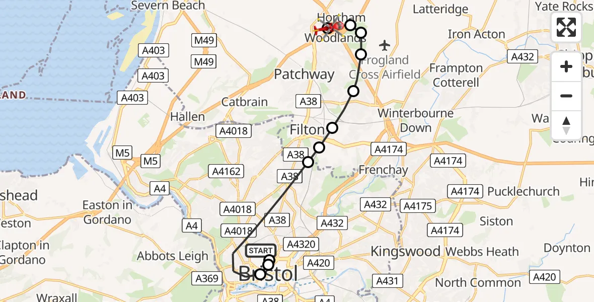 Flight route Air Ambulance Helicopter Bristol - Almondsbury Helicopter Base, 20 June 2026, 17:30